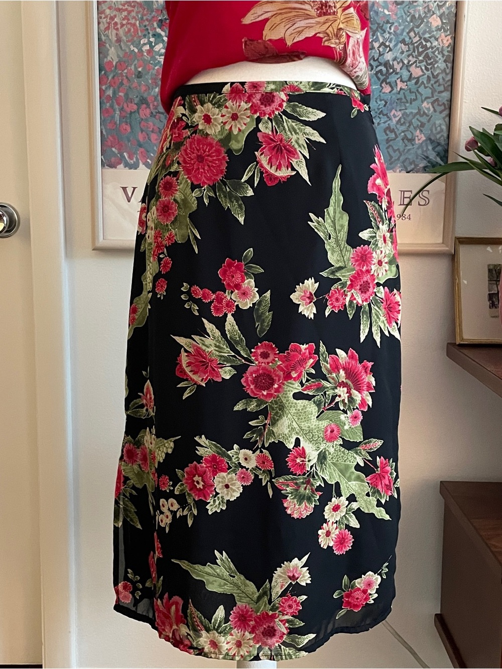 Emma James Midi Skirt Womens 4 Black Floral Print A-Line Cottagecore Boho Y2K - Picture 2 of 11